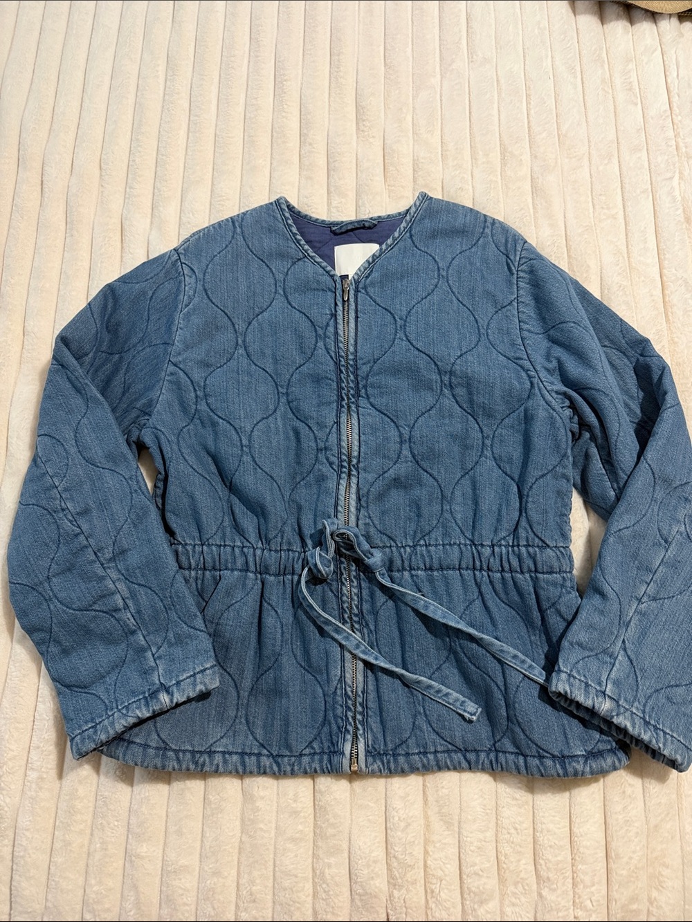 H&M Quilted Denim Jacket in Light Blue with Drawstring Waist